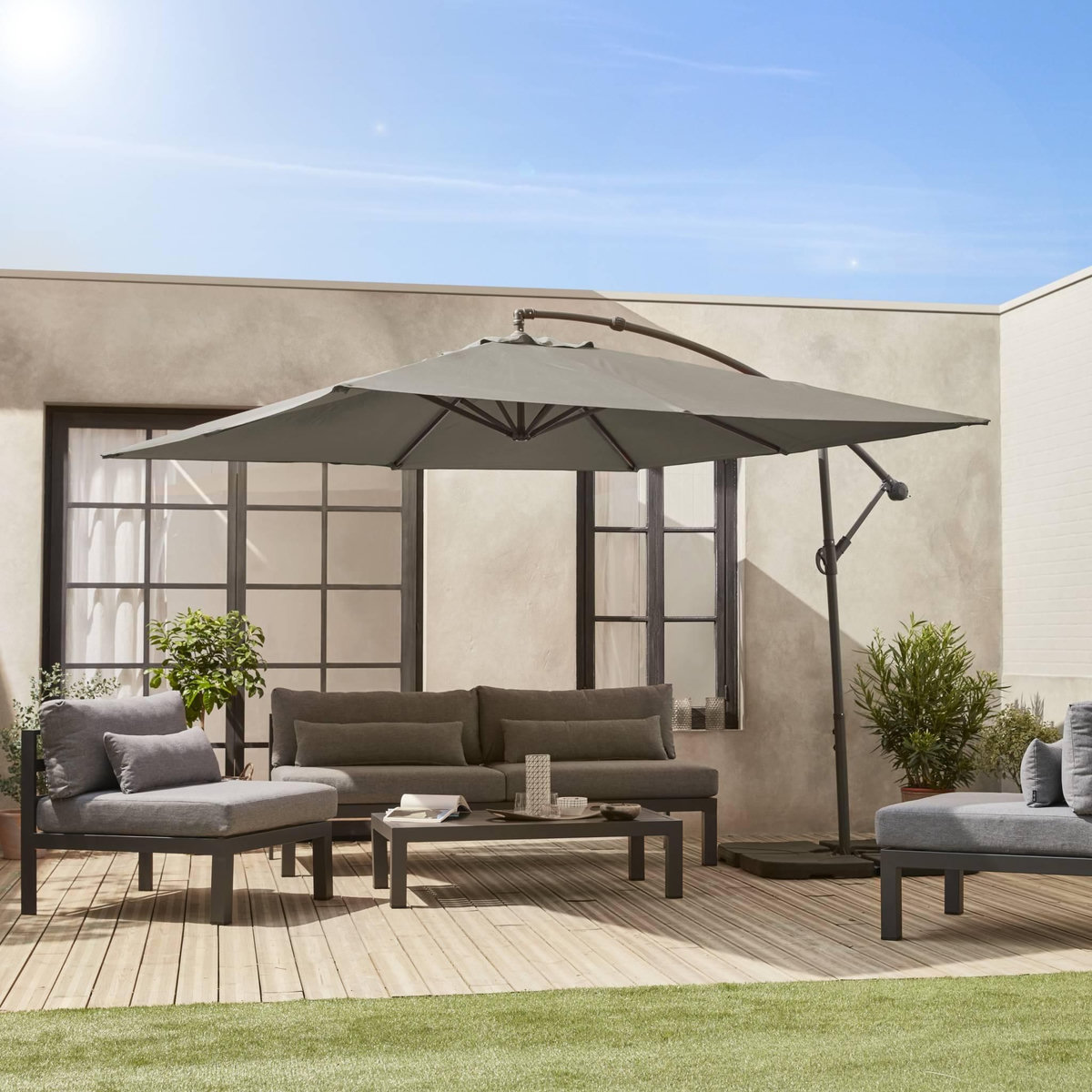 SWEEEK Parasol déporté carré 3x3m Hardelot , mat excentré, 8 baleines, toile 180g déperlante