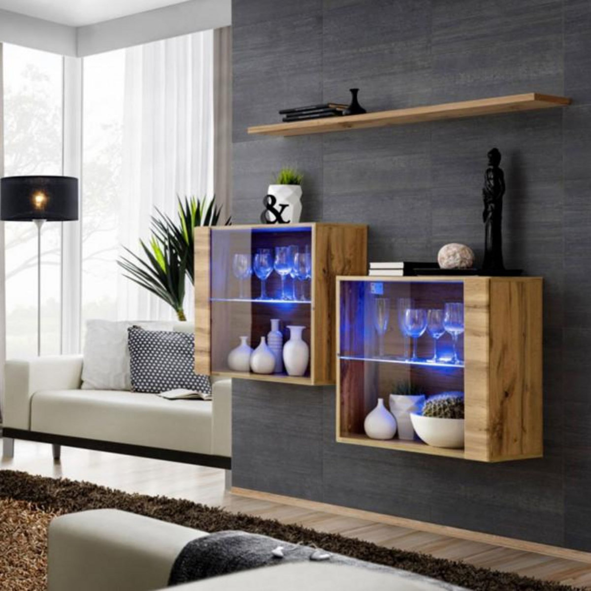 Paris Prix Lot de 2 Vitrines Murales & Étagère  Switch SBIII  130cm Naturel