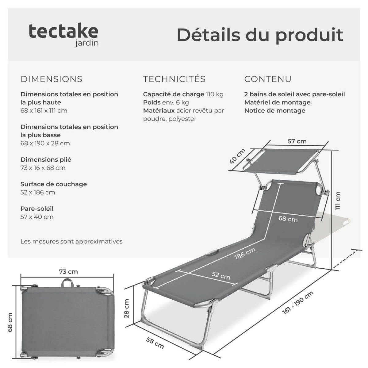 tectake Lot de 2 transats de jardin en acier pliables gris