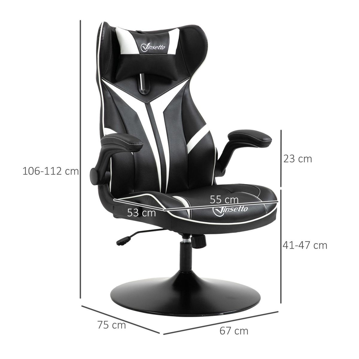 VINSETTO Fauteuil gaming base ronde métal pivotante 360° hauteur réglable tétière accoudoirs relevables PVC blanc noir