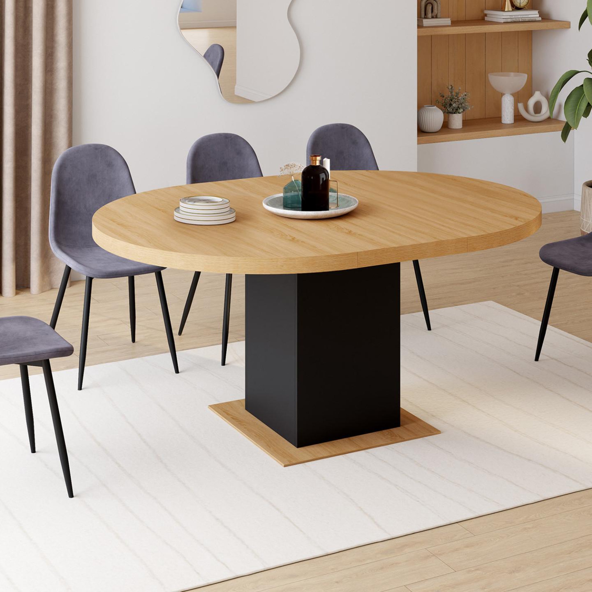 Voir la diapositive 2 : ID MARKET Table à manger extensible ronde eden 4-8 personnes bois et noir 120-160 cm