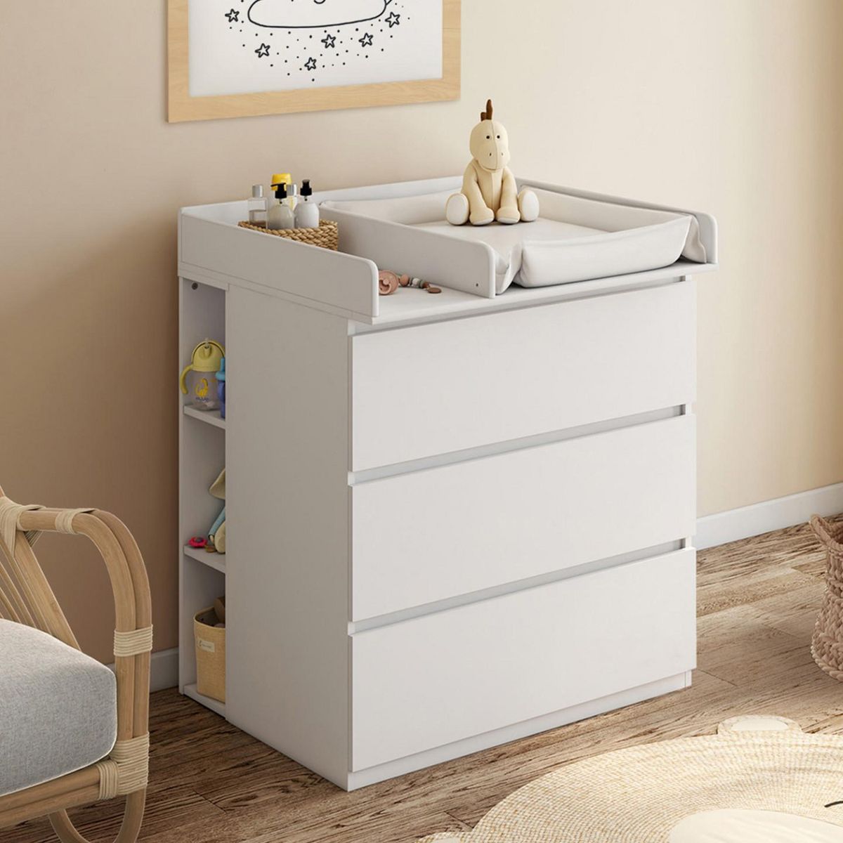 ID MARKET Commode à langer évolutive AMBRE blanc 3 tiroirs table à langer et 2 étagères amovibles