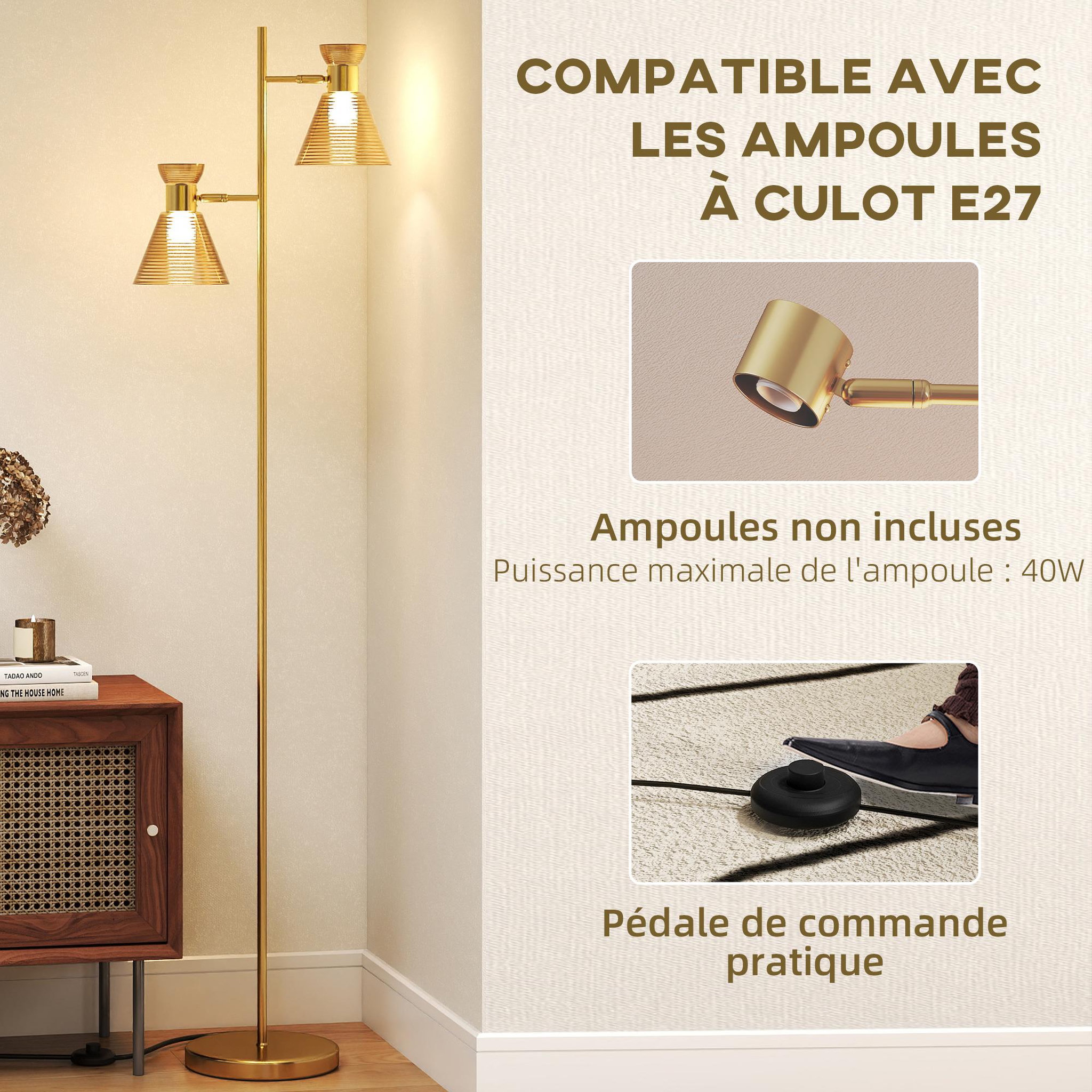 Voir la diapositive 6 : HOMCOM Lampadaire sur pied design H.165cm double tête réglable verre conique métal doré