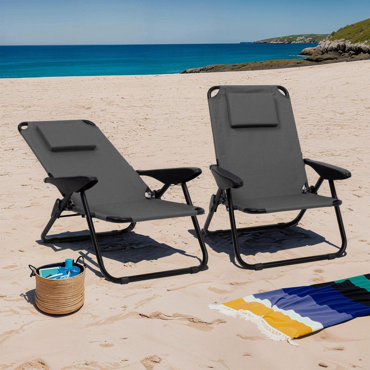 ID MARKET Lot de 2 chaises de plage pliantes - fauteuils de jardin inclinables sac à dos gris anthracite et toile grise
