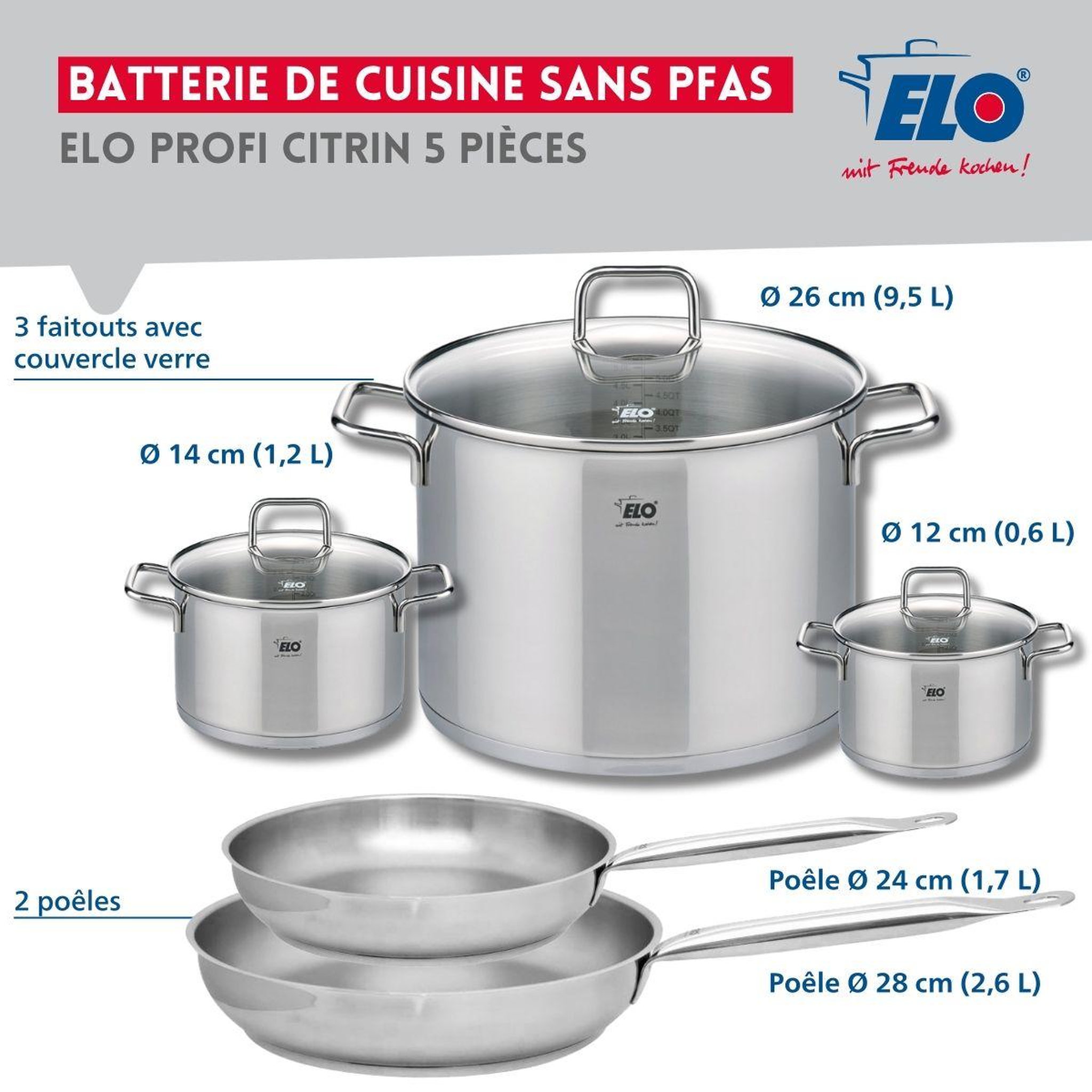 Voir la diapositive 2 : ELO Set de 2 poêles de cuisson 24 et 28 cm et 3 faitouts 12, 14 et 26 cm elo profi citrin