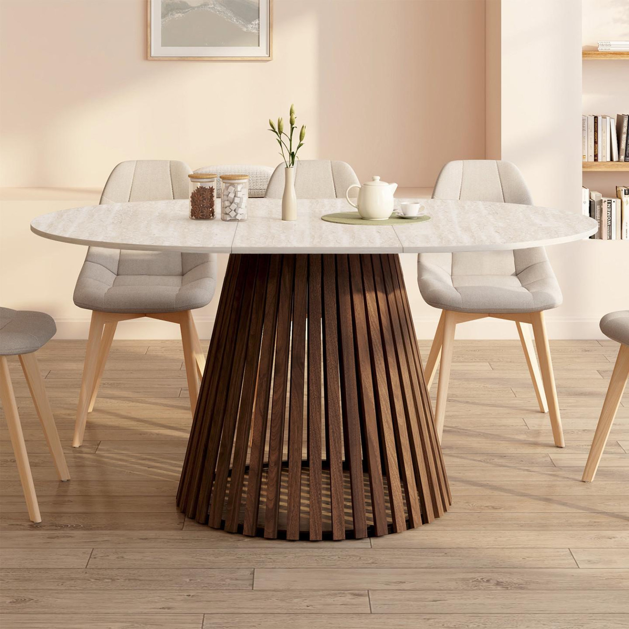 Voir la diapositive 2 : ID MARKET Table à manger extensible ronde carmen 4-8 personnes pied noyer en lattes et plateau effet travertin 110 - 150 cm