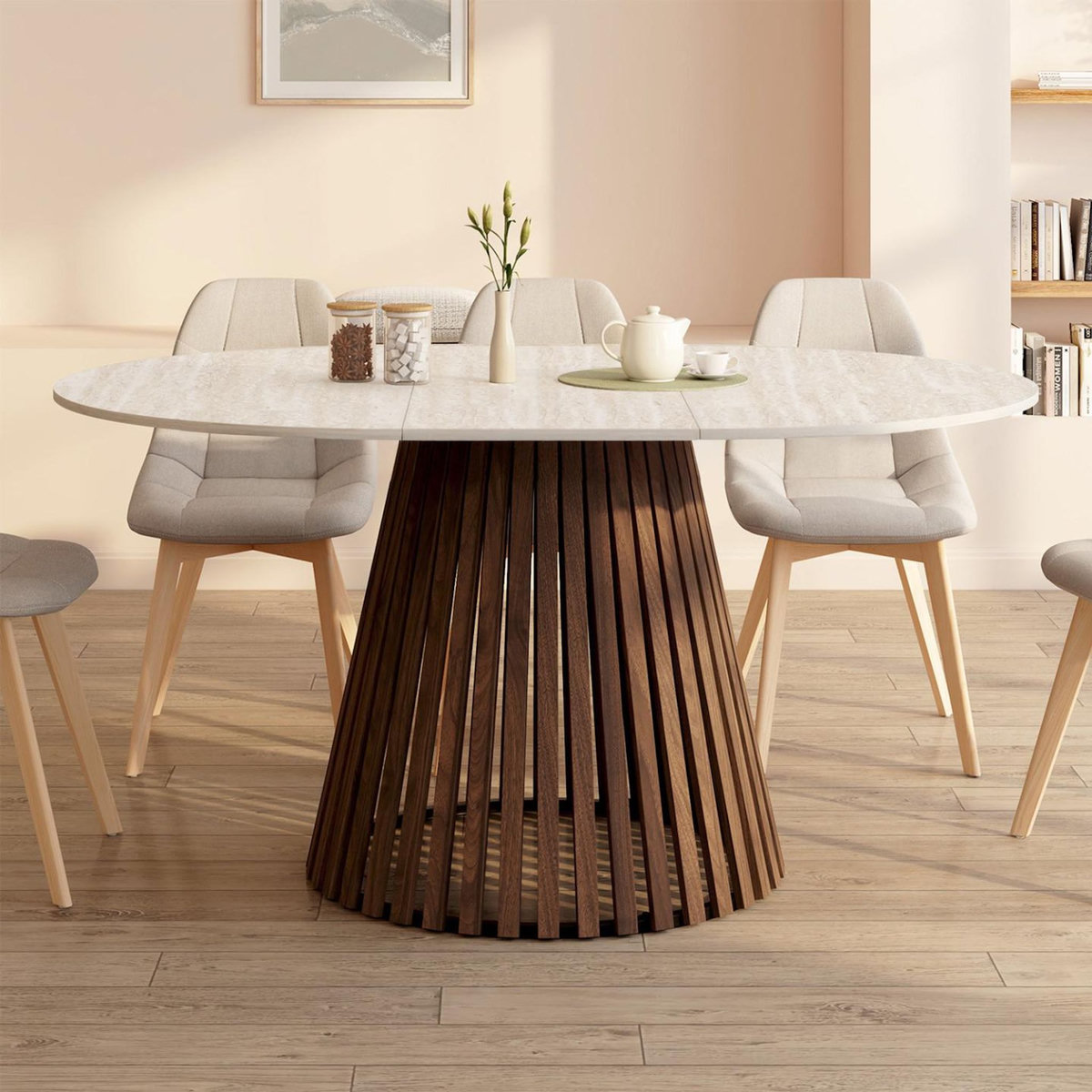 ID MARKET Table à manger extensible ronde CARMEN 4-8 personnes pied noyer en lattes et plateau effet travertin 110 - 150 cm