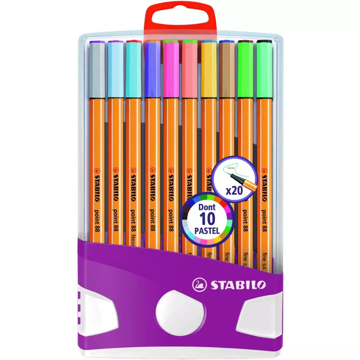 STABILO Lot de 20 stylos feutres pointe fine 0.4mm 10 éclatantes + 10 pastels Point 88 