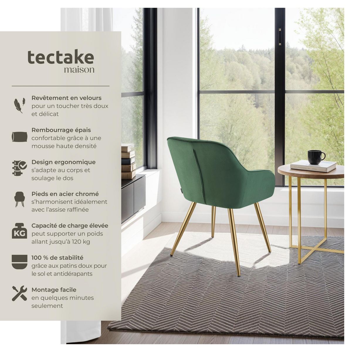 tectake Chaise de salle à manger en velours matelassé et rembourré vert foncé/or