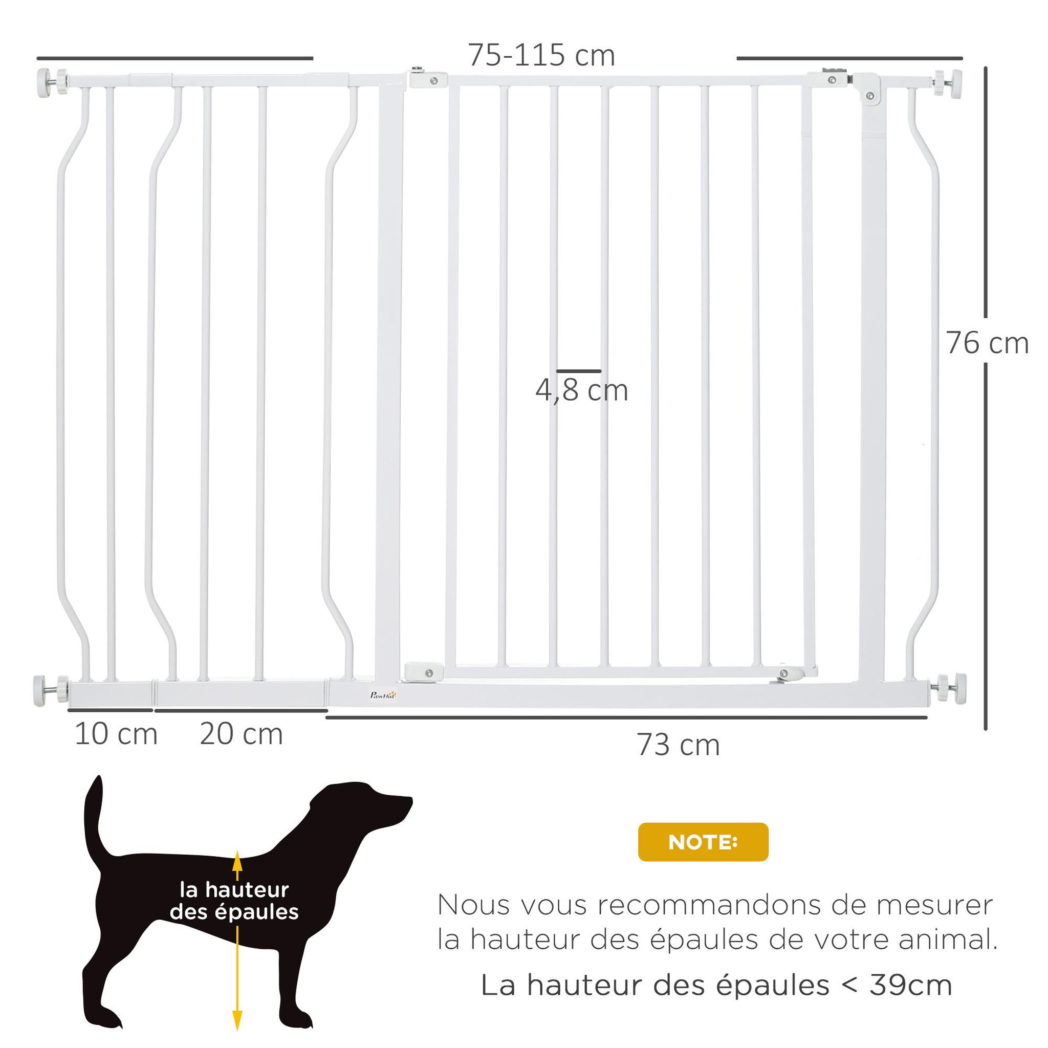 Voir la diapositive 3 : PAWHUT Barrière de sécurité barrière pour animal domestique longueur réglable barrière escaliers couloirs portes sans perçage en acier et abs dim. 75-115l x 76h cm blanc
