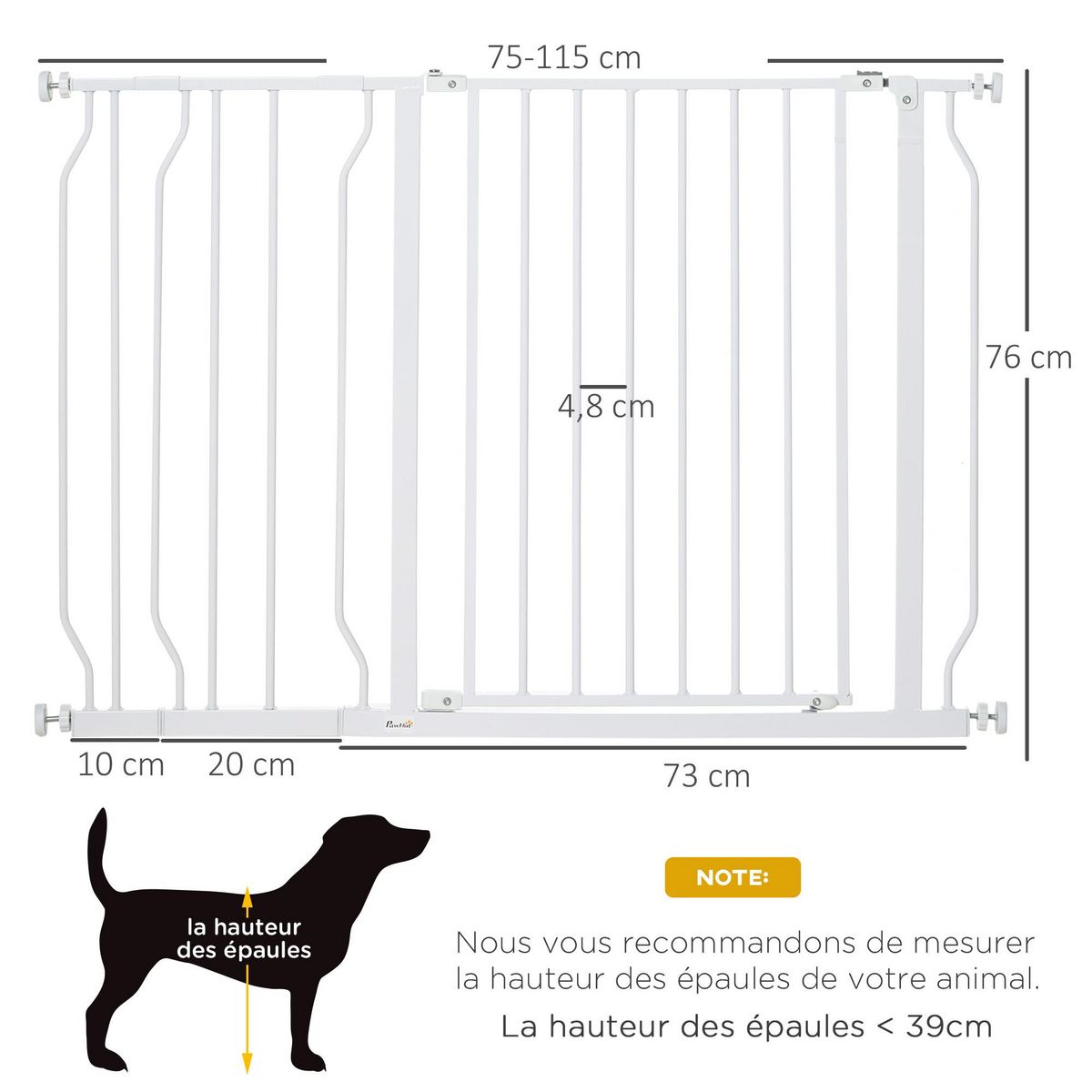 PAWHUT Barrière de sécurité barrière pour animal domestique longueur réglable barrière escaliers couloirs portes sans perçage en acier et ABS dim. 75-115L x 76H cm blanc