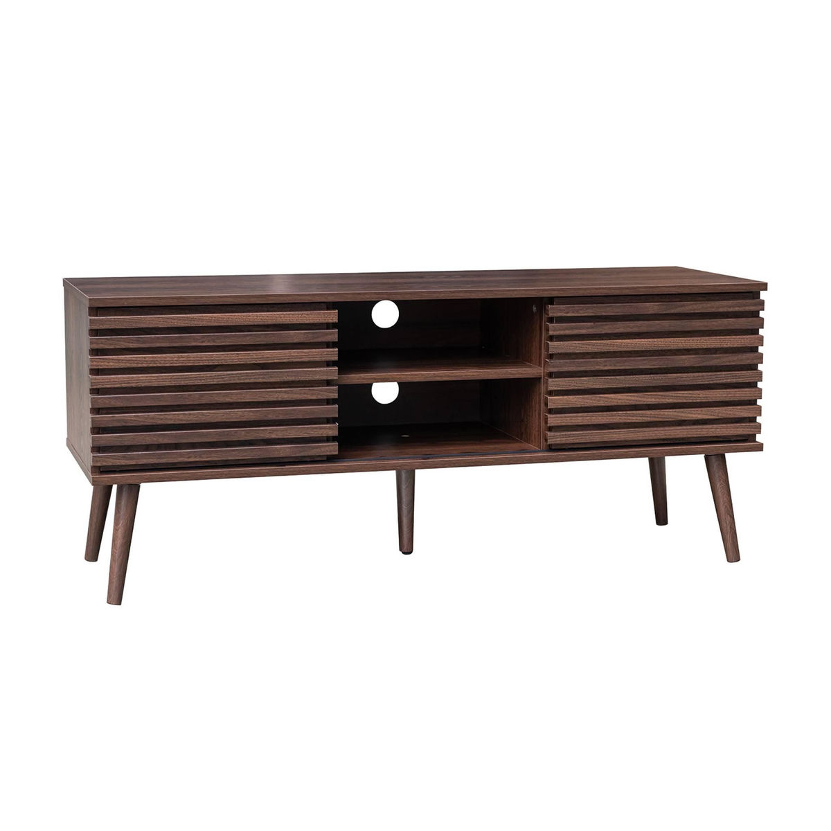 SWEEEK Meuble TV scandinave avec 2 portes décor bois noyer rainuré et 1 niche centrale avec étagère L120cm