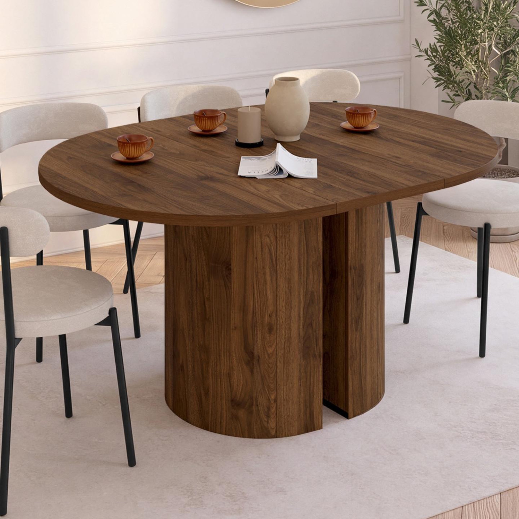 Voir la diapositive 2 : ID MARKET Table à manger extensible ronde michelle 4-8 personnes 2 pieds réversibles noyer 110-150 cm
