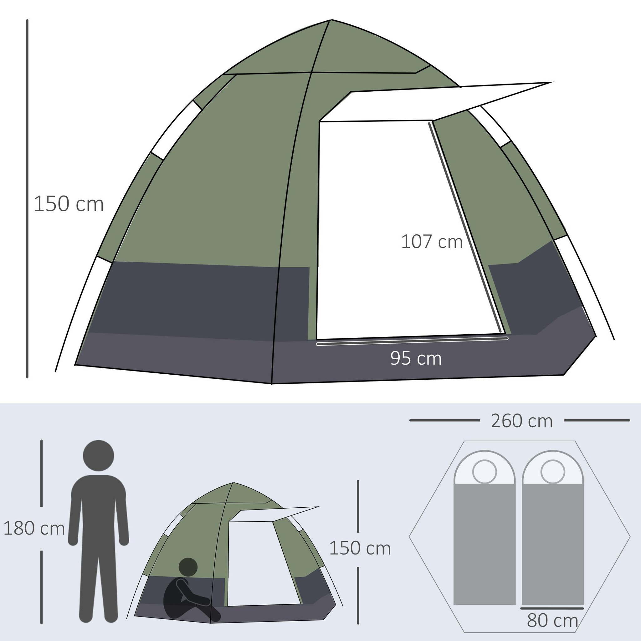 Voir la diapositive 3 : OUTSUNNY Tente pop up montage instantané - tente de camping 3-4 pers.  - 2 grandes portes - dim. 2,6l x 2,6l x 1,5h m fibre verre polyester oxford vert gris