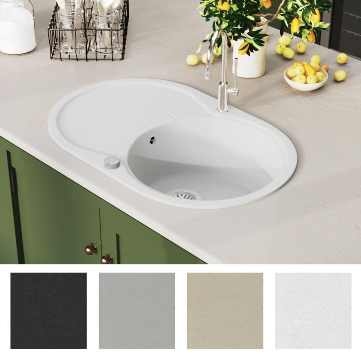 VIDAXL Evier de cuisine Granit Seul lavabo Ovale Blanc