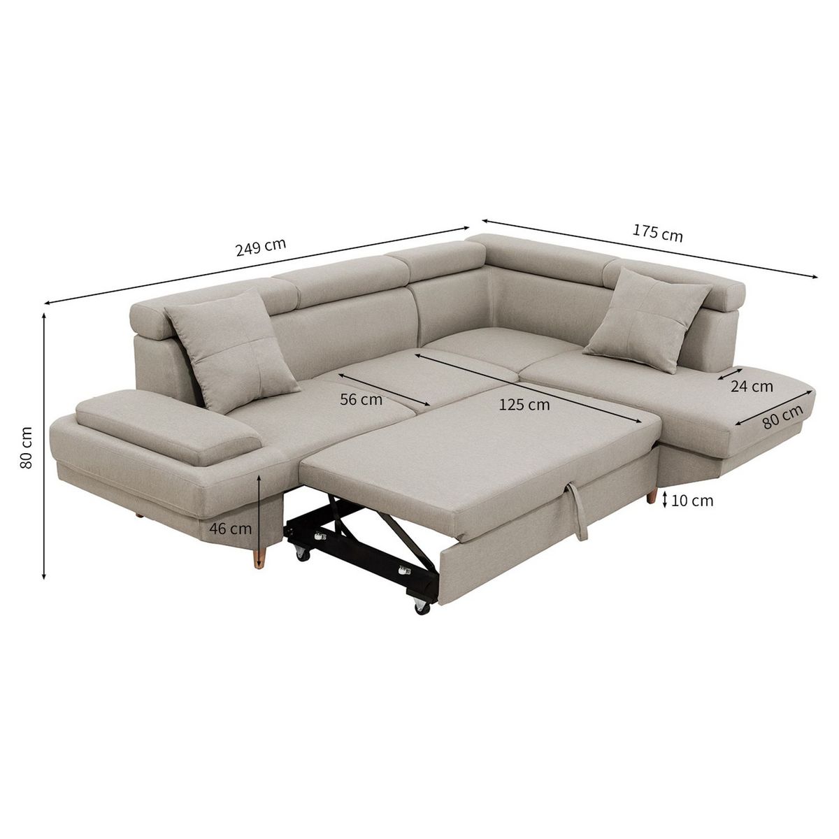 Canapé d'angle droit convertible 5 places tissu pieds bois clair MARIUS 