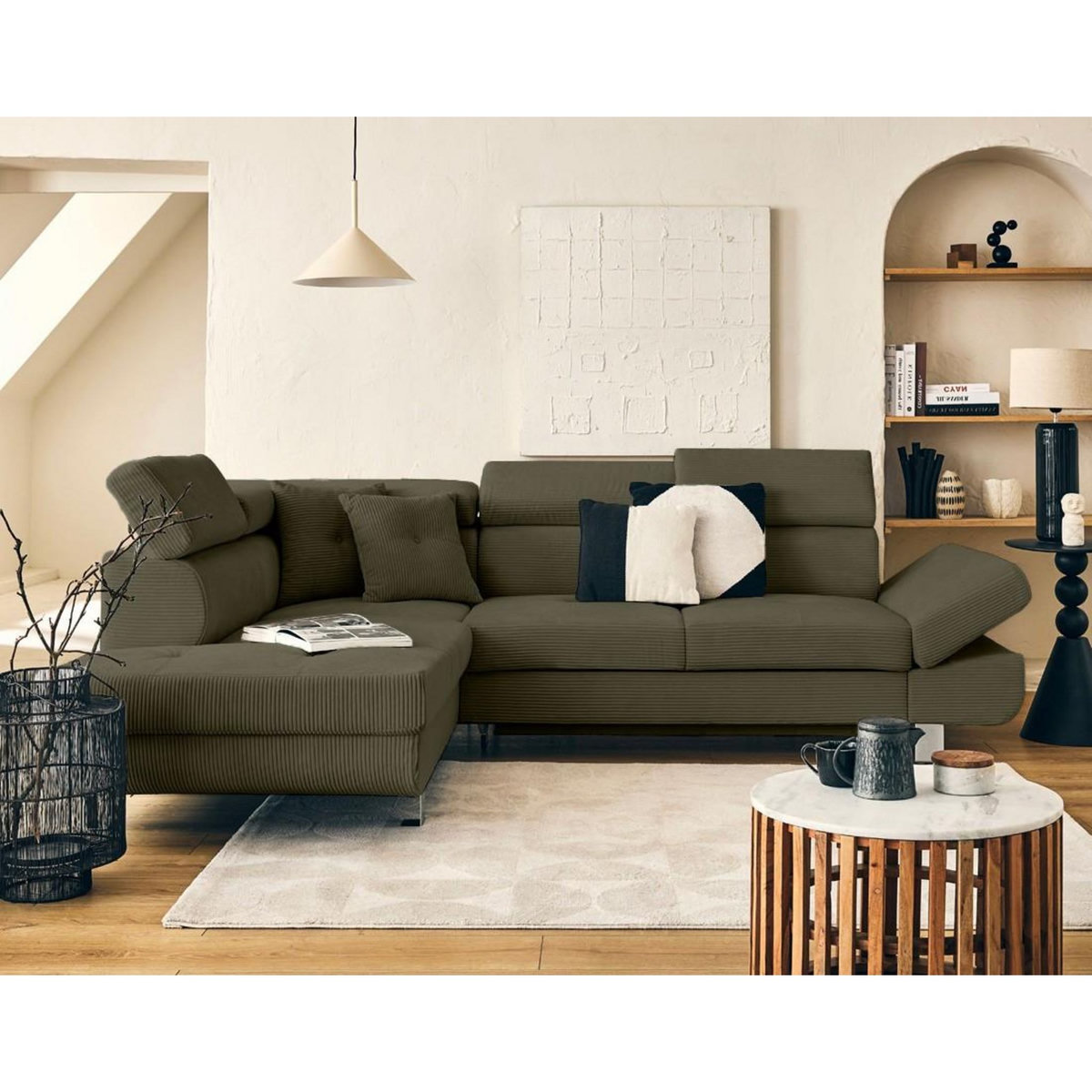 BEST MOBILIER Lisbona - canapé d'angle gauche 5 places convertible avec têtières en velours côtelé