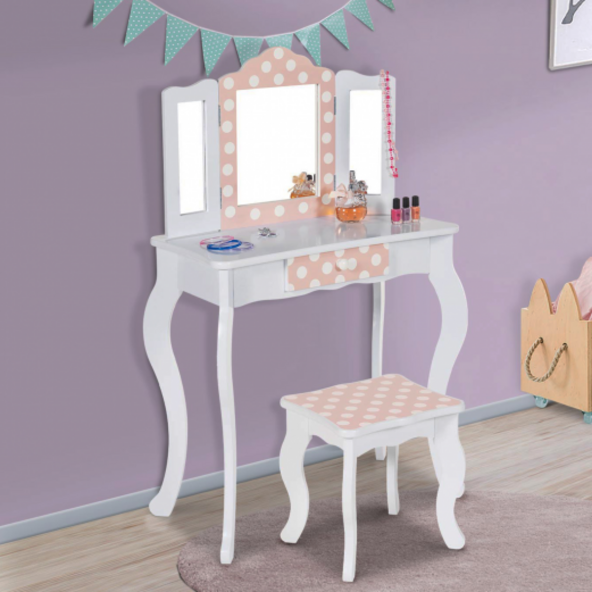 ID MARKET Coiffeuse enfant ROZA blanche et rose avec 3 miroirs et tabouret