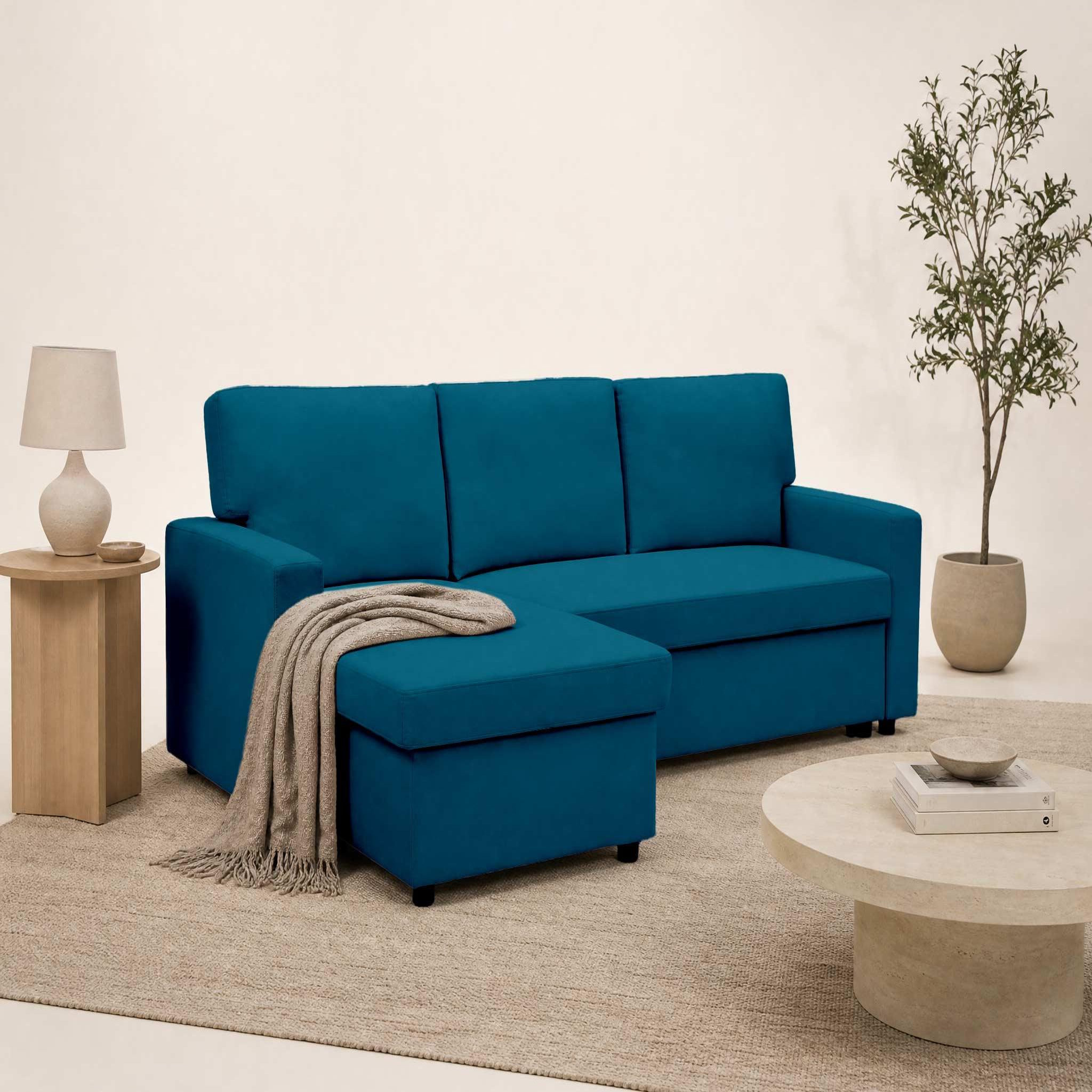 Voir la diapositive 2 : BEST MOBILIER Meiya - canapé d'angle réversible 4 places convertible avec coffre en tissu