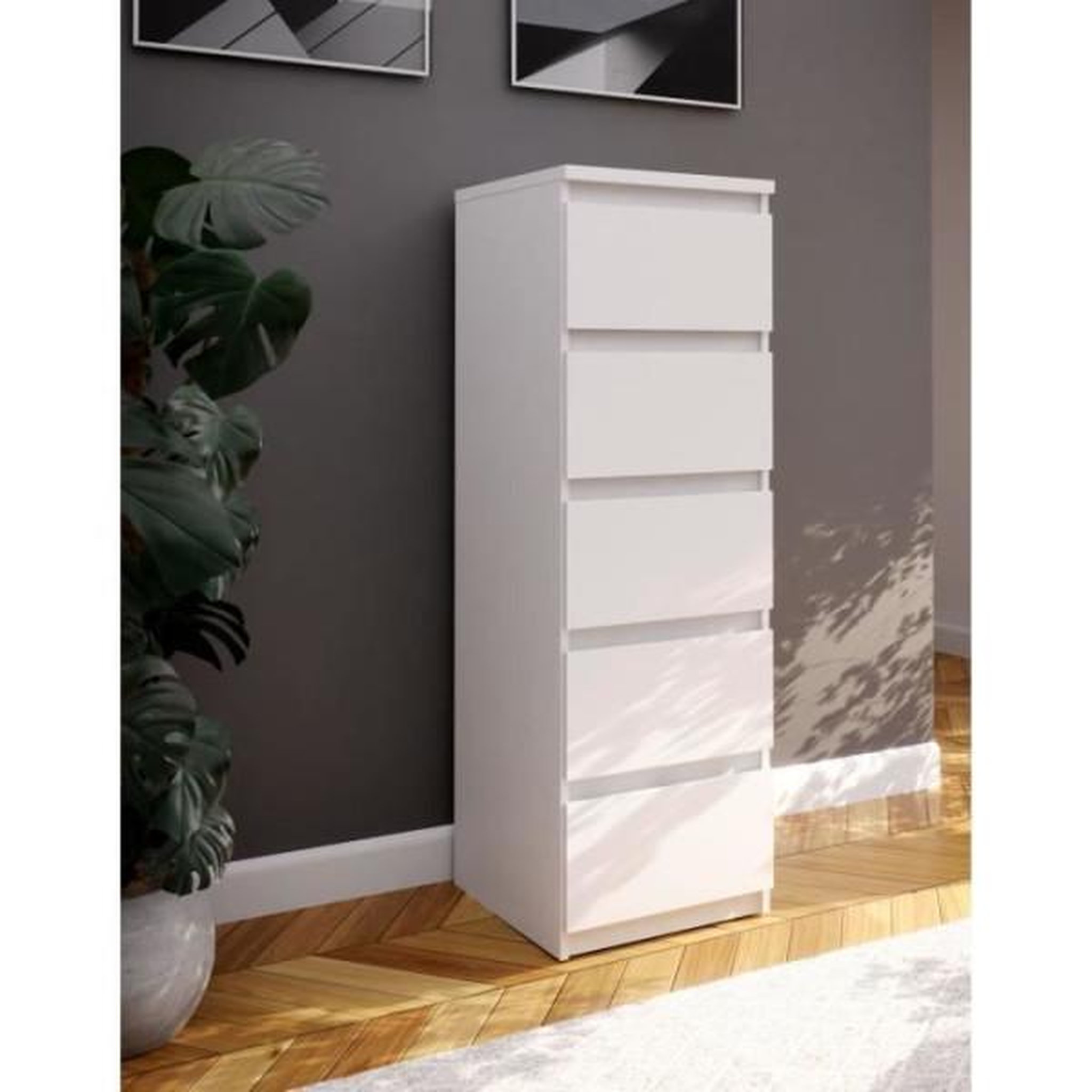 Voir la diapositive 2 : MARKET24 Commode CHELSEA 5 tiroirs - L 41,8 x P 42,2 x H 128,1 cm- Décor blanc mat