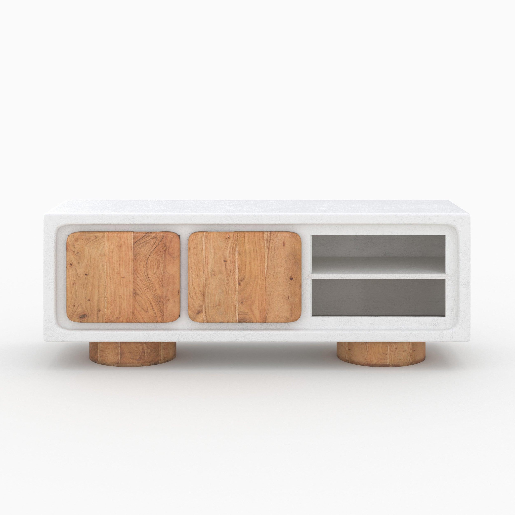 MAISON PAVANE Meuble tv en béton blanc cassé et bois d'acacia 150 cm-eden