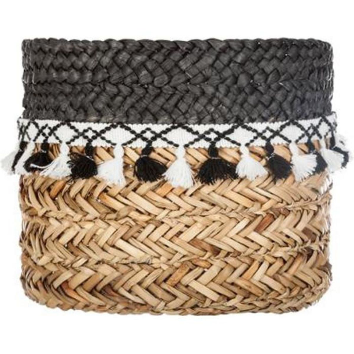 ATMOSPHERA Lot de 3 Paniers en roseau à pompons - Noir et Blanc