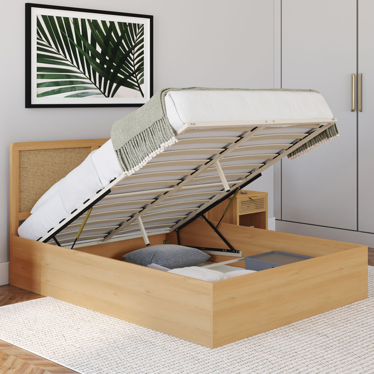 ID MARKET Lit coffre double EDHEN avec tête de lit cannage et sommier 140 x 190 cm coloris bois