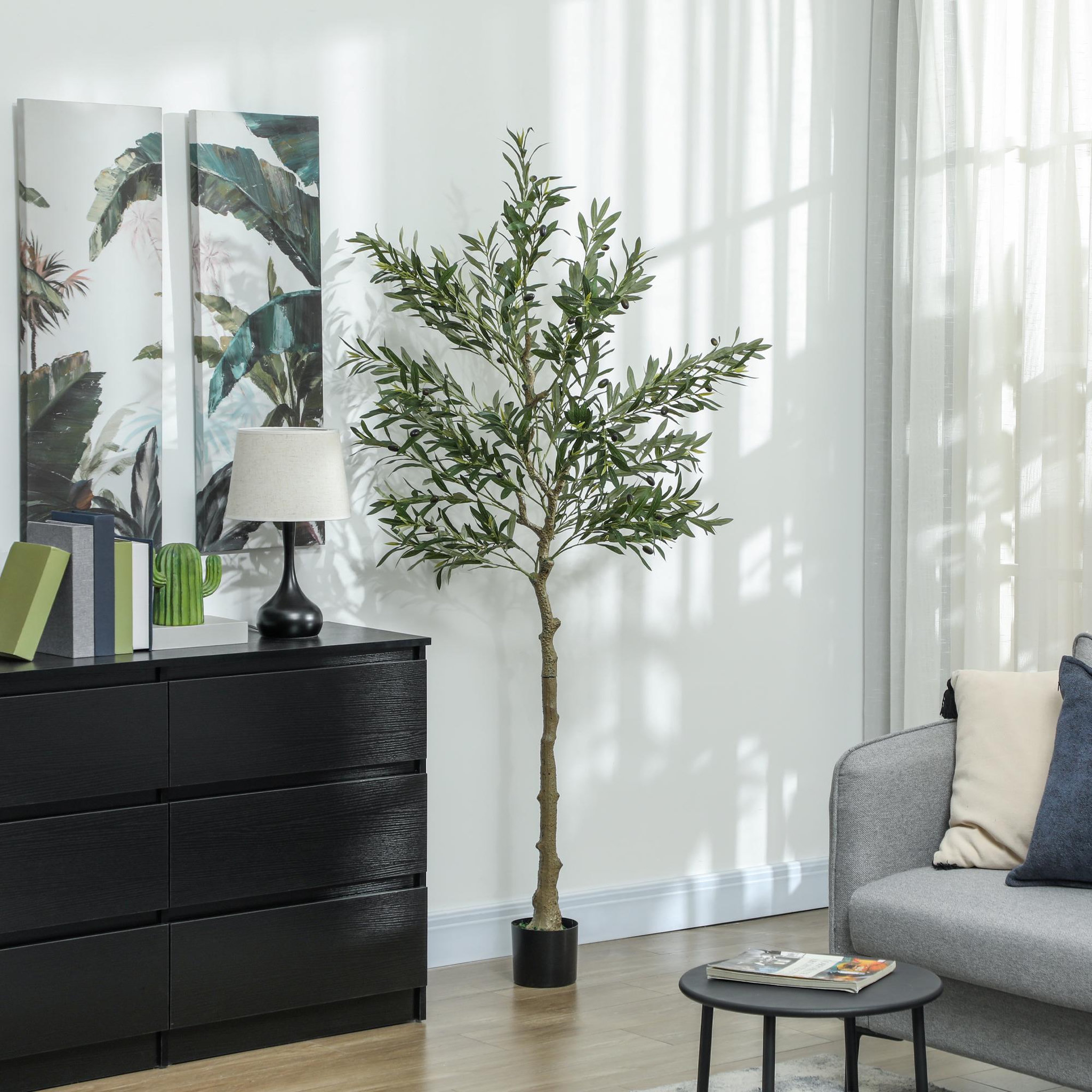 Voir la diapositive 2 : HOMCOM Olivier artificiel H.180 cm - grand réalisme - 900 feuilles en soie, 40 olives - mousse effet lichen pot inclus