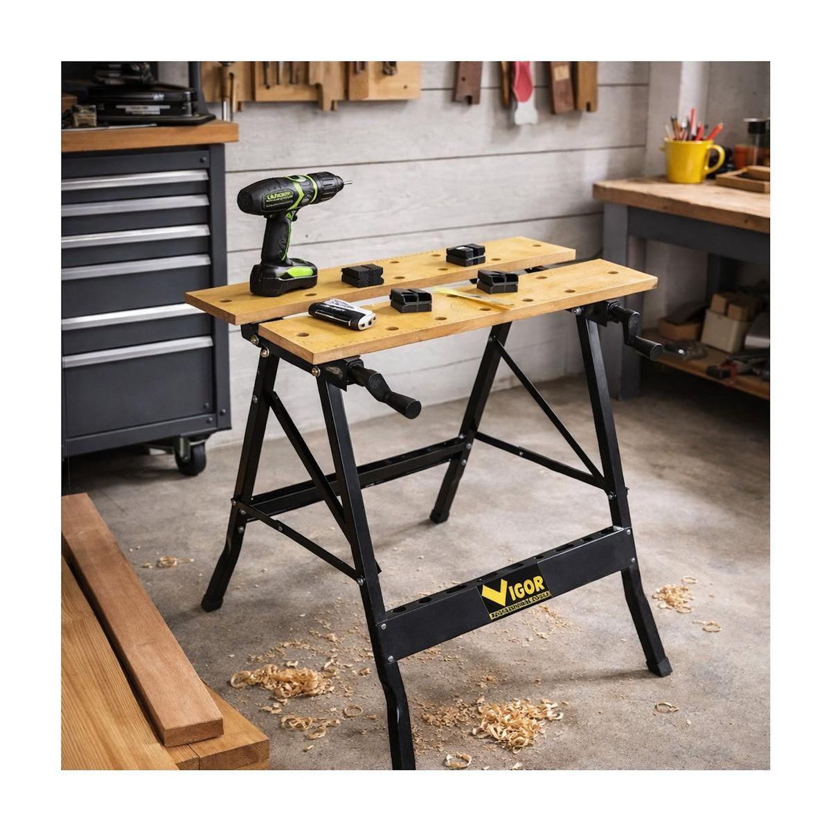 INTEC Etabli pliable Multiposition Charge 150kg - Table de travail portable Etau Réglage 20 à 35 cm Bricolage Sciage Ateliers INTEC