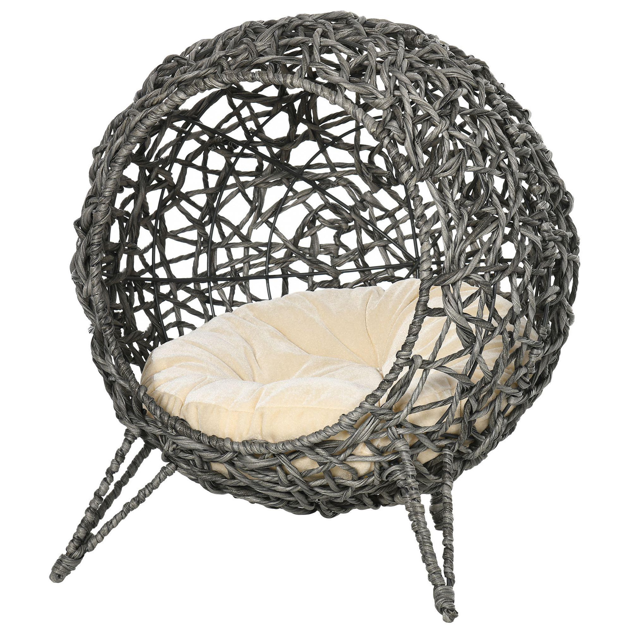 PAWHUT Pawhut panier chat lit chat cosy grand confort dim. Ø 52 x 58h cm coussin moelleux beige inclus résine tressée imitation rotin gris