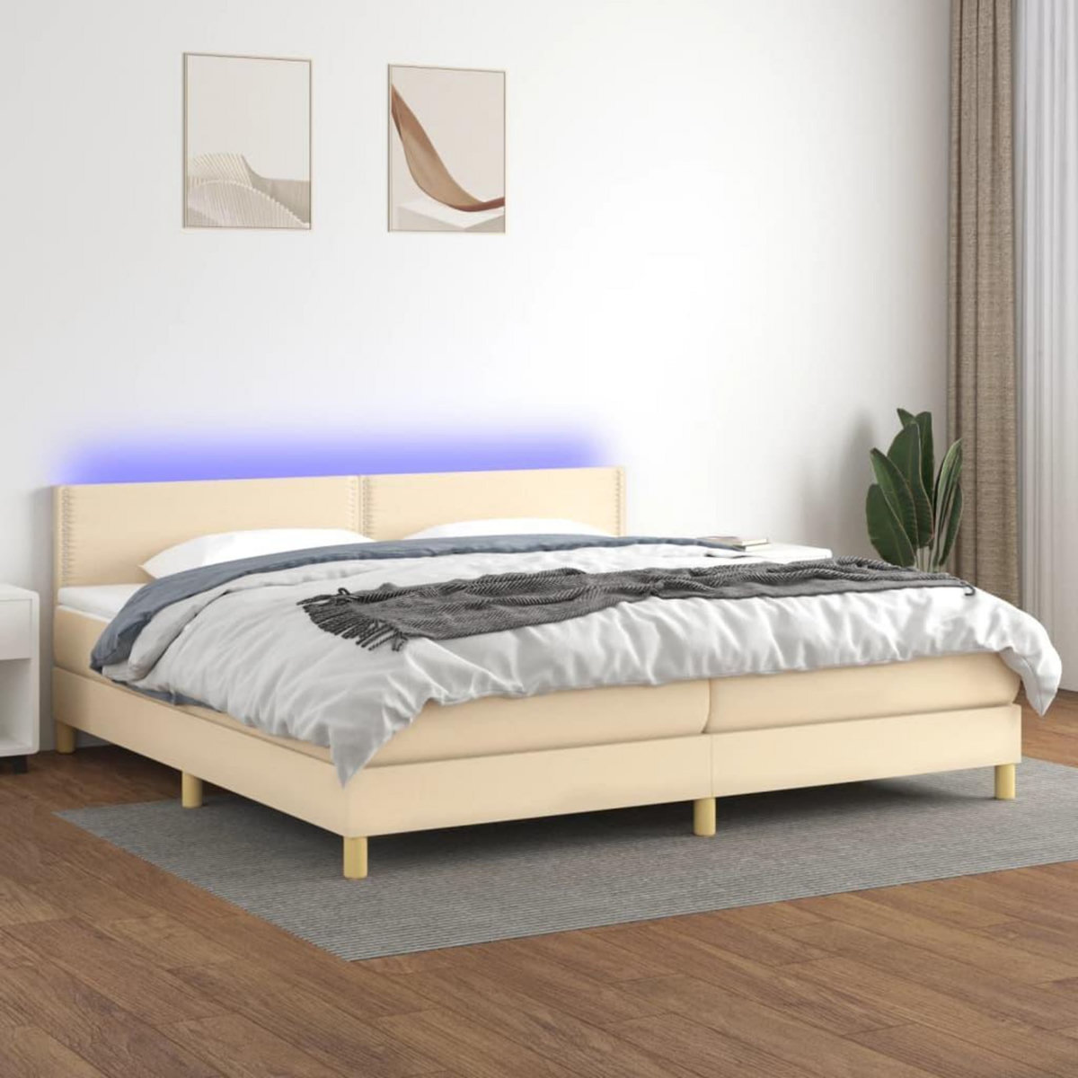 VIDAXL Sommier a lattes de lit et matelas et LED Creme 200x200cm Tissu