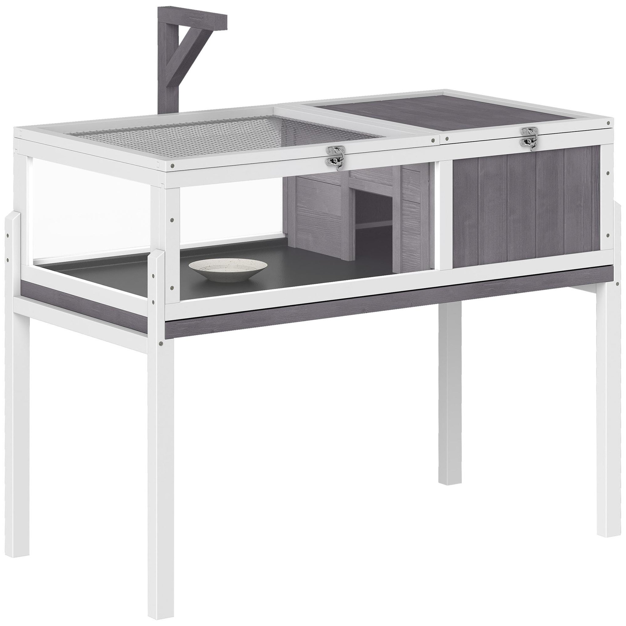 PAWHUT Terrarium maison tortue sur pied - niche, plateau déjection, support lampe - bois blanc gris