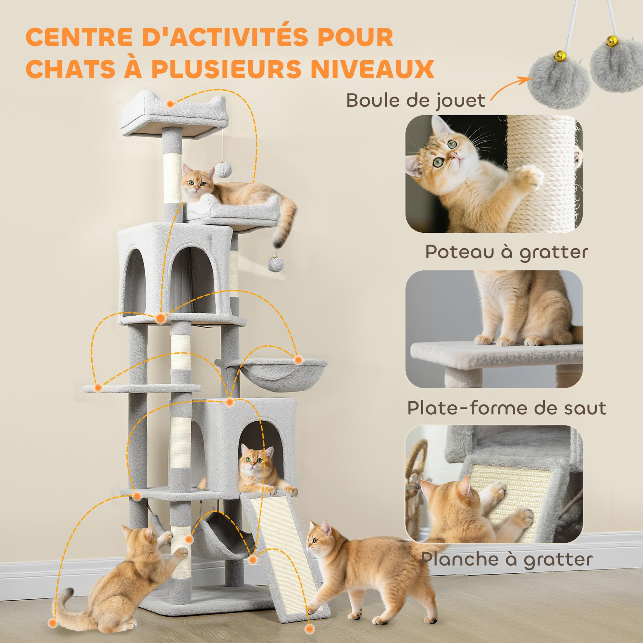 Voir la diapositive 5 : PAWHUT Arbre à chat design grande taille h.177cm équipements jeux multiples sisal naturel peluche gris clair