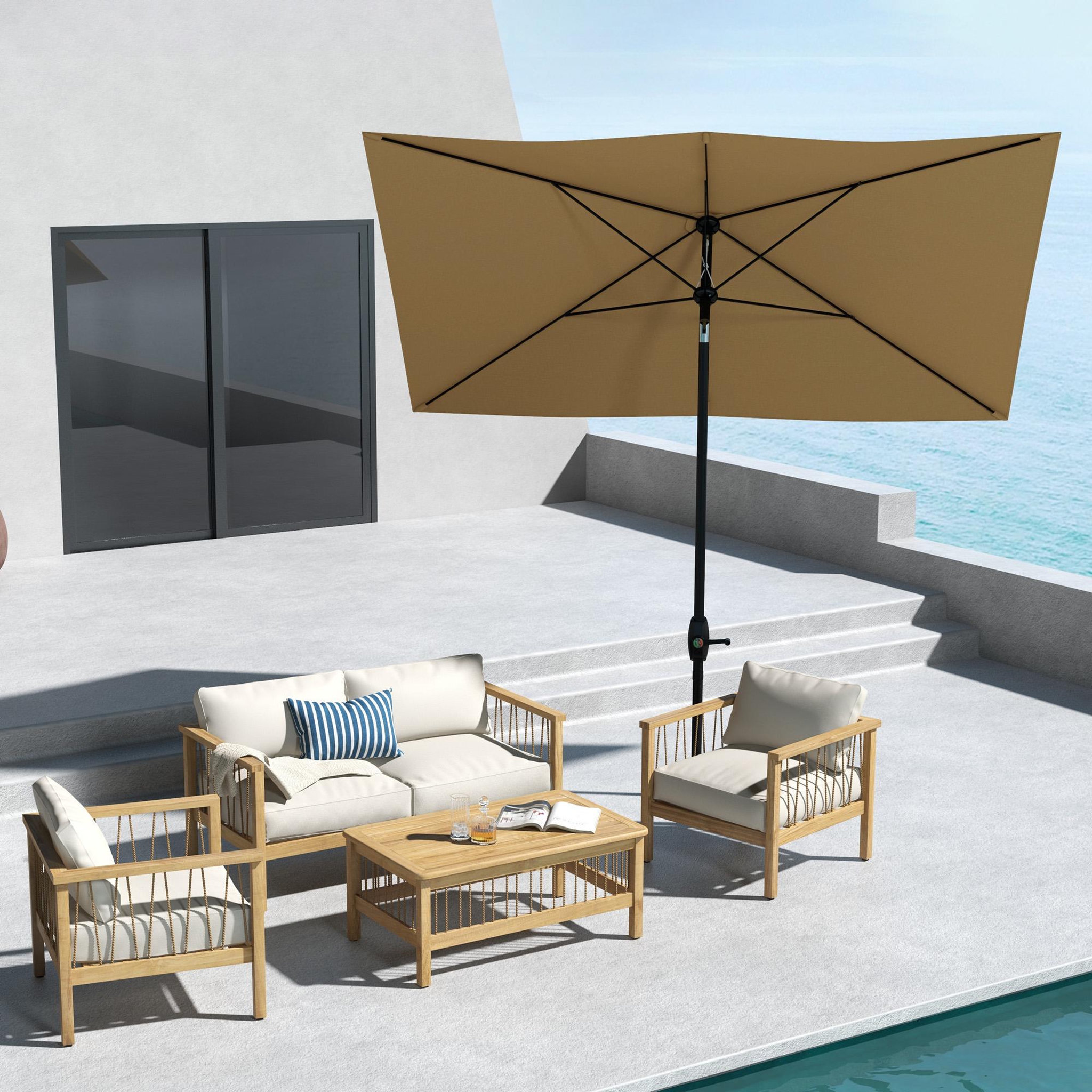 Voir la diapositive 2 : OUTSUNNY Parasol rectangulaire inclinable de jardin avec manivelle métal polyester haute densité anti UV 50+ chocolat