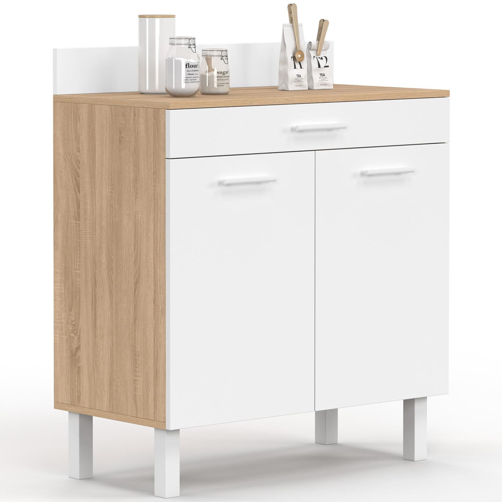 Voir la diapositive 2 : ID MARKET Buffet bas de cuisine 80 cm cina plan de travail h.83 cm 2 portes + tiroir façon hêtre et blanc