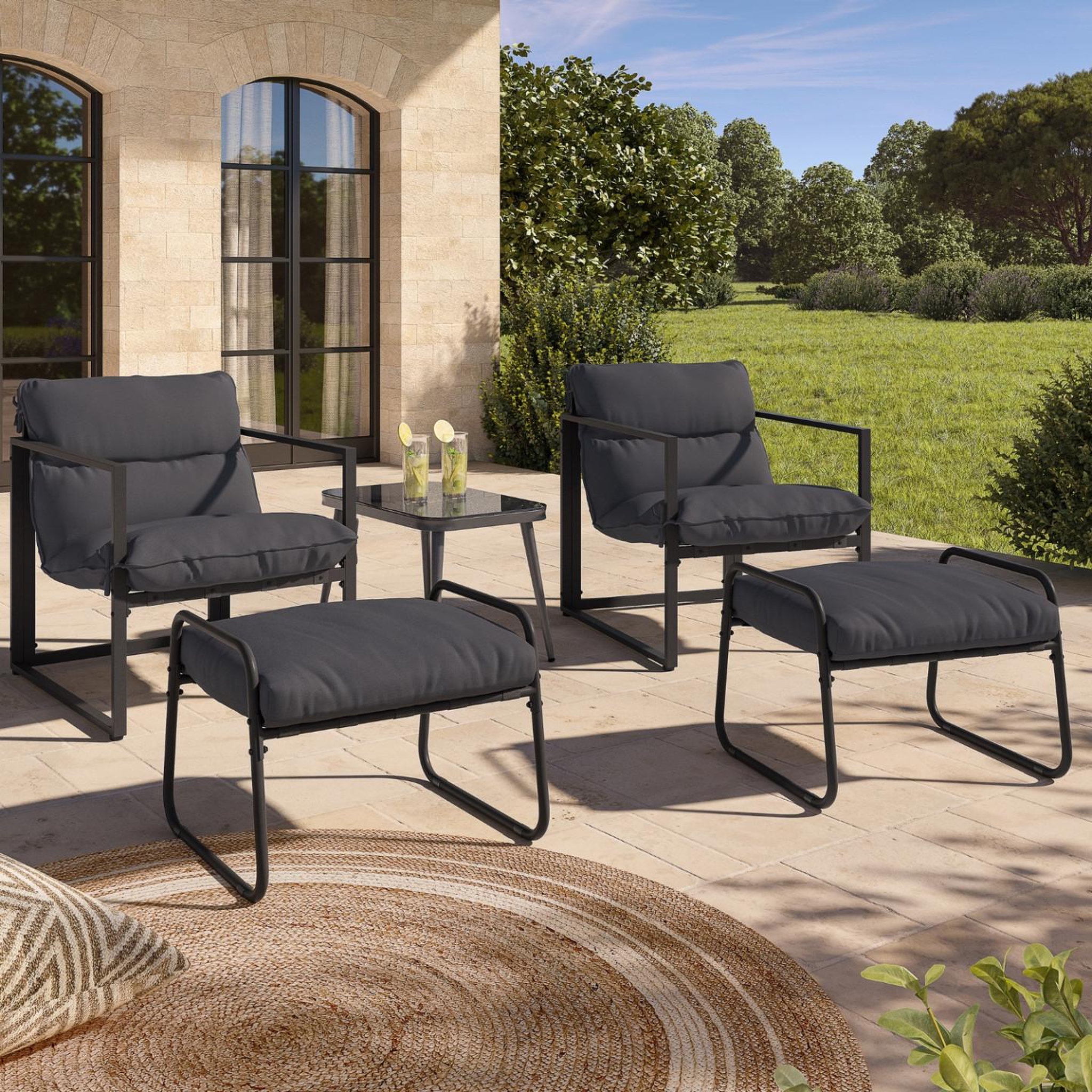 Voir la diapositive 2 : ID MARKET Lot de 2 fauteuils de jardin marco avec repose pieds gris coussin gris anthracite