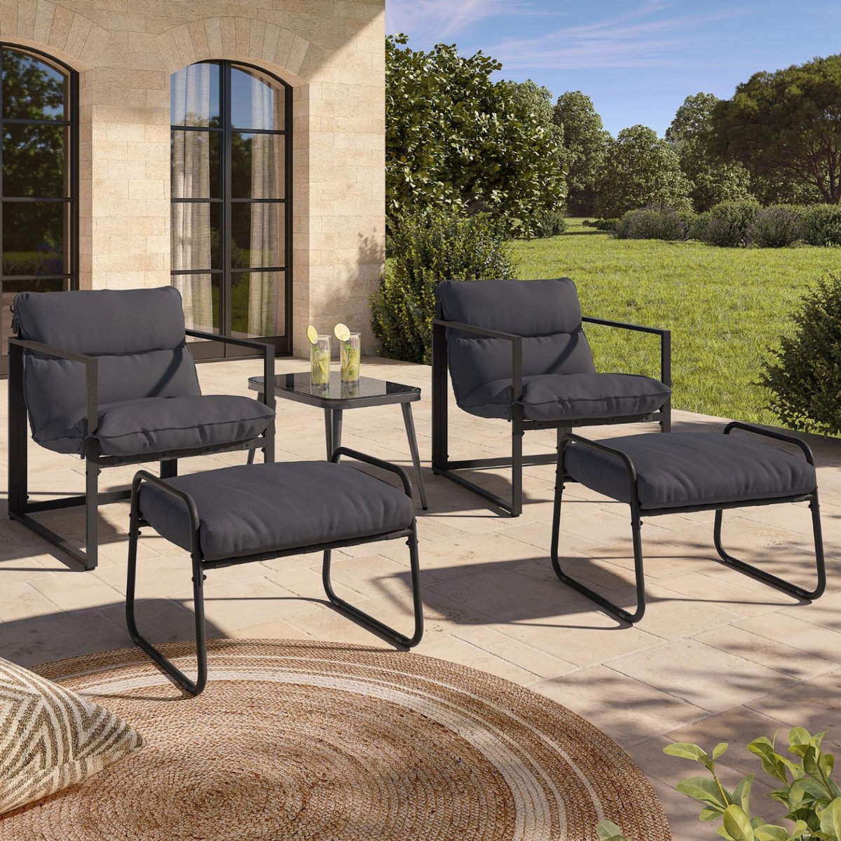 ID MARKET Lot de 2 fauteuils de jardin MARCO avec repose pieds gris coussin gris anthracite