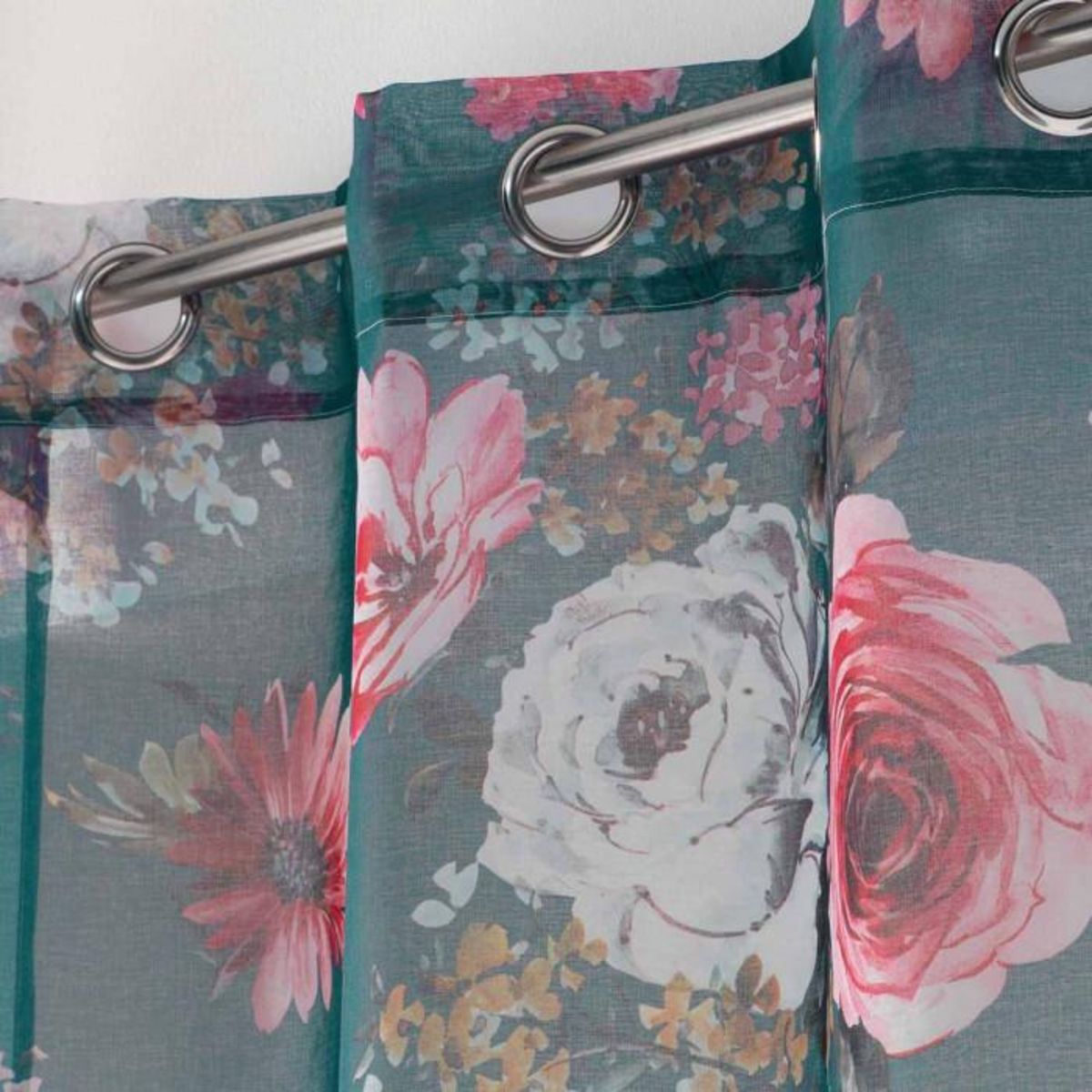 Paris Prix Rideau Voilage à Œillets  Flower Life  140x240cm Pétrole