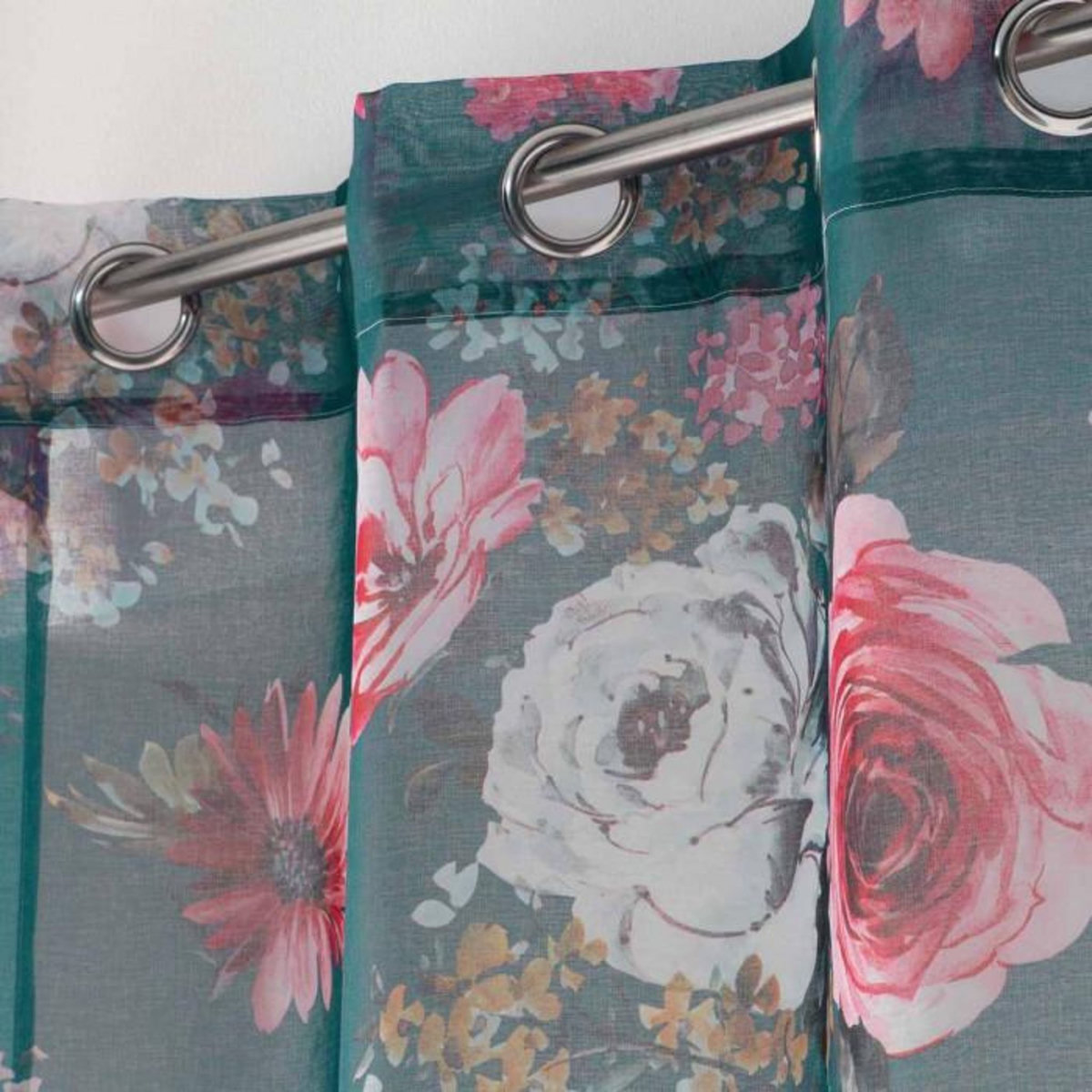 Paris Prix Rideau Voilage à Œillets  Flower Life  140x240cm Pétrole