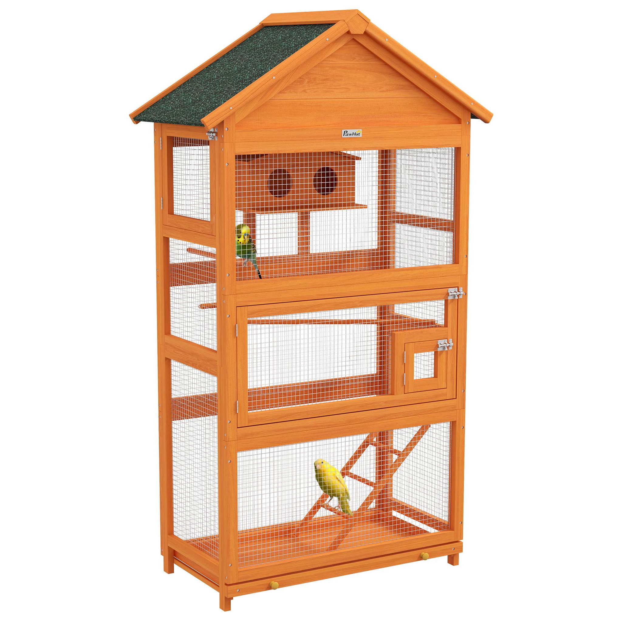 PAWHUT Cage à oiseaux volière grande taille 2 portes trappe toit asphalte tiroir amovible bois pré-huilé