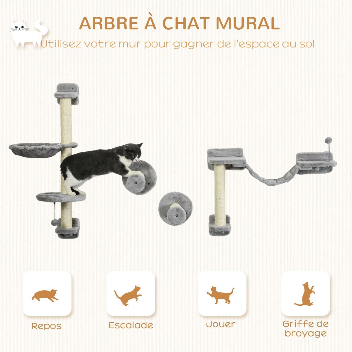 PAWHUT Mur d'escalade pour chat - arbre à chat design mural - griffoirs, plateformes, panier, hamac, jeux boules - gris