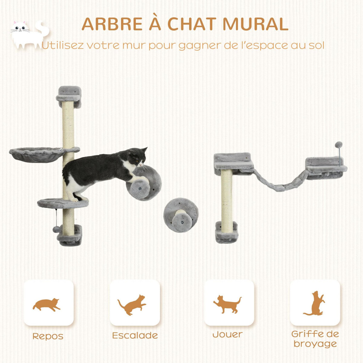 PAWHUT Mur d'escalade pour chat - arbre à chat design mural - griffoirs, plateformes, panier, hamac, jeux boules - gris