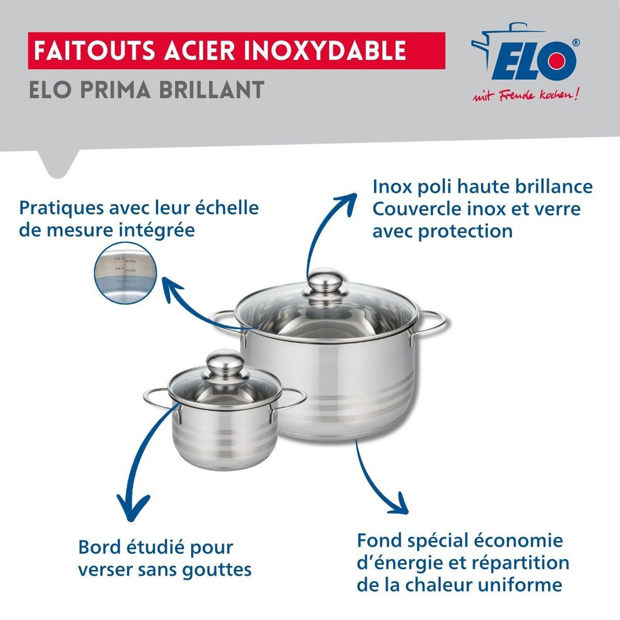 Voir la diapositive 3 : ELO Ensemble de 2 poêles de cuisson 24 et 32 cm et 2 faitouts 14 et 24 cm elo prima brillant