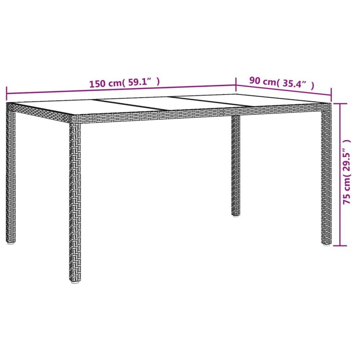 VIDAXL Table de jardin 150x90x75 cm Verre trempe/resine tressee Marron