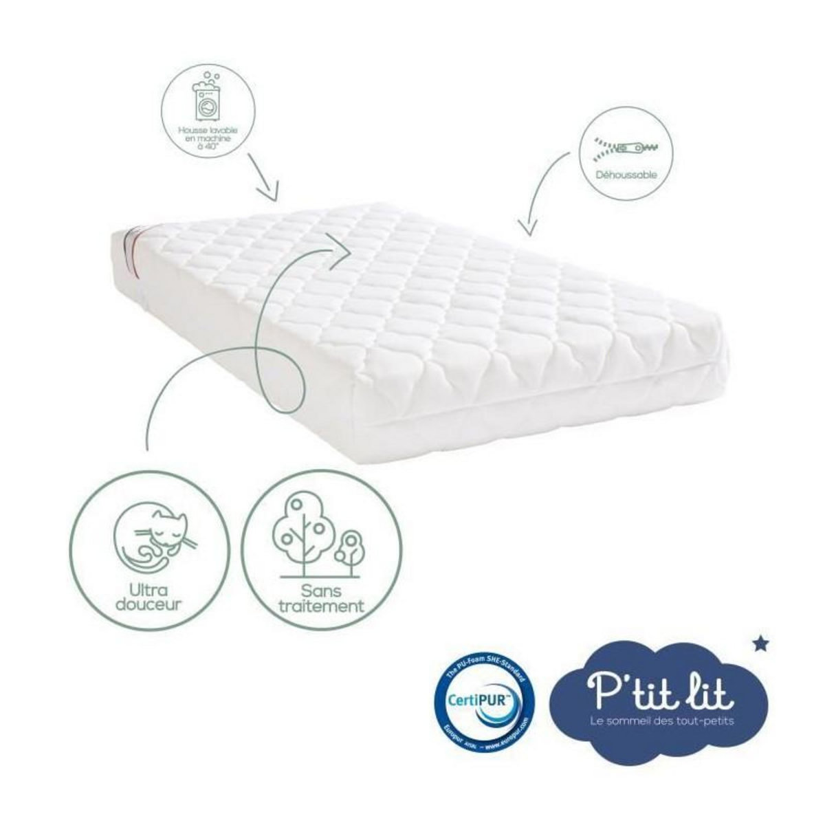 P'TIT LIT Matelas Bébé Bamboo - 70x140x10 cm - Viscose Douce - Déhoussable - Sans traitement chimique
