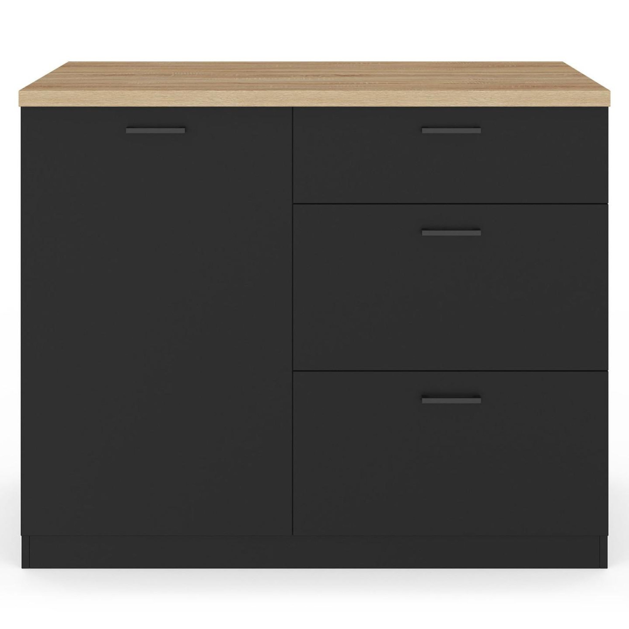 Voir la diapositive 3 : ID MARKET Ilot central tibo 110 cm casserolier 3 tiroirs bois noir avec plan de travail façon hêtre