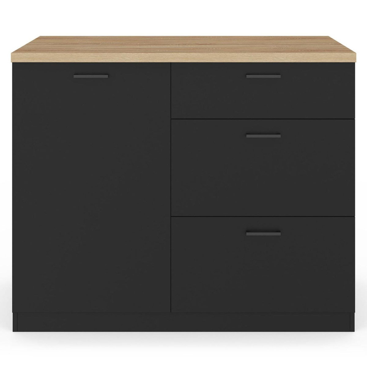 ID MARKET Ilot central TIBO 110 cm casserolier 3 tiroirs bois noir avec plan de travail façon hêtre