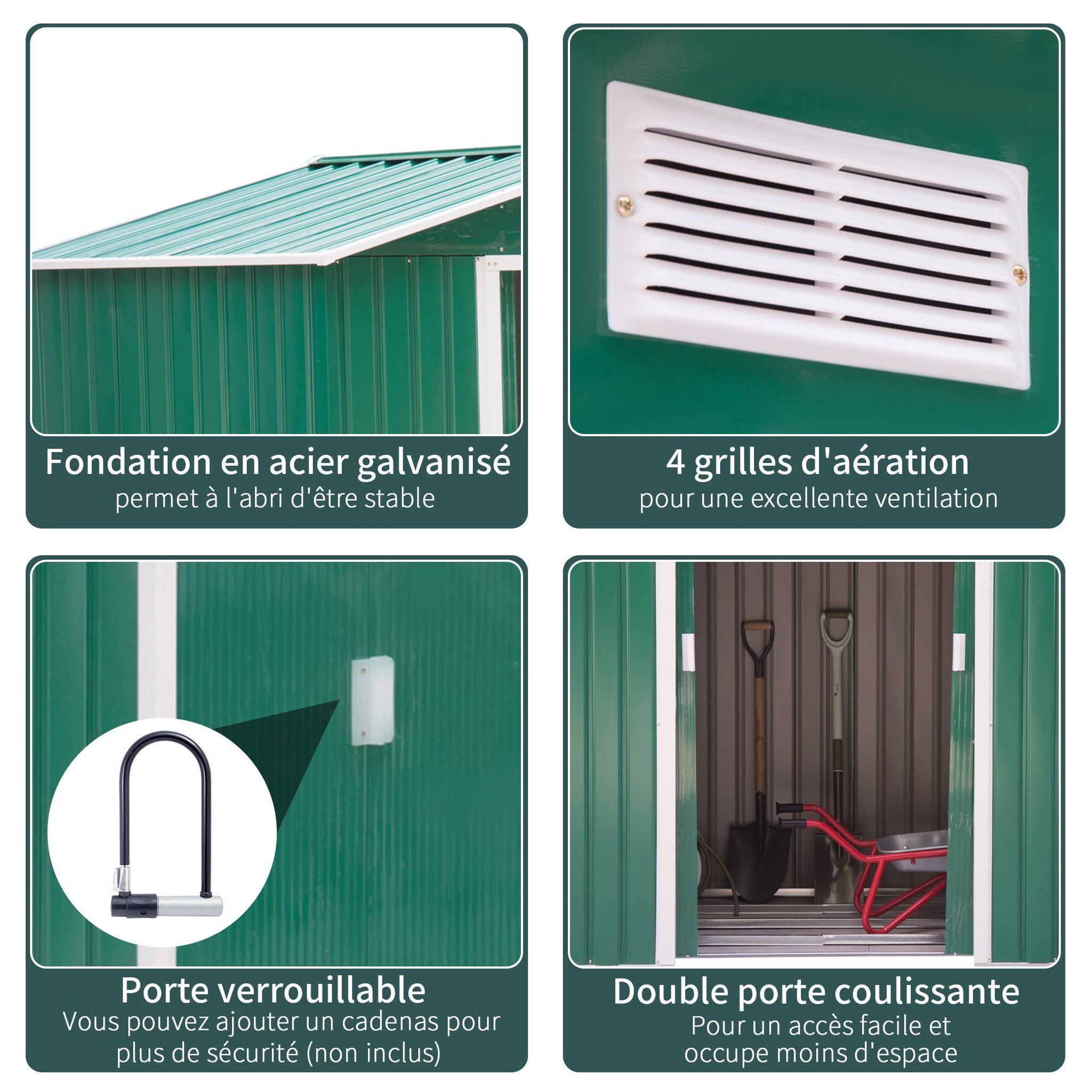 Voir la diapositive 5 : OUTSUNNY Abri de jardin - remise pour outils - cabanon porte verrouillable - dim. 213L x 130l x 185H cm - tôle d'acier vert