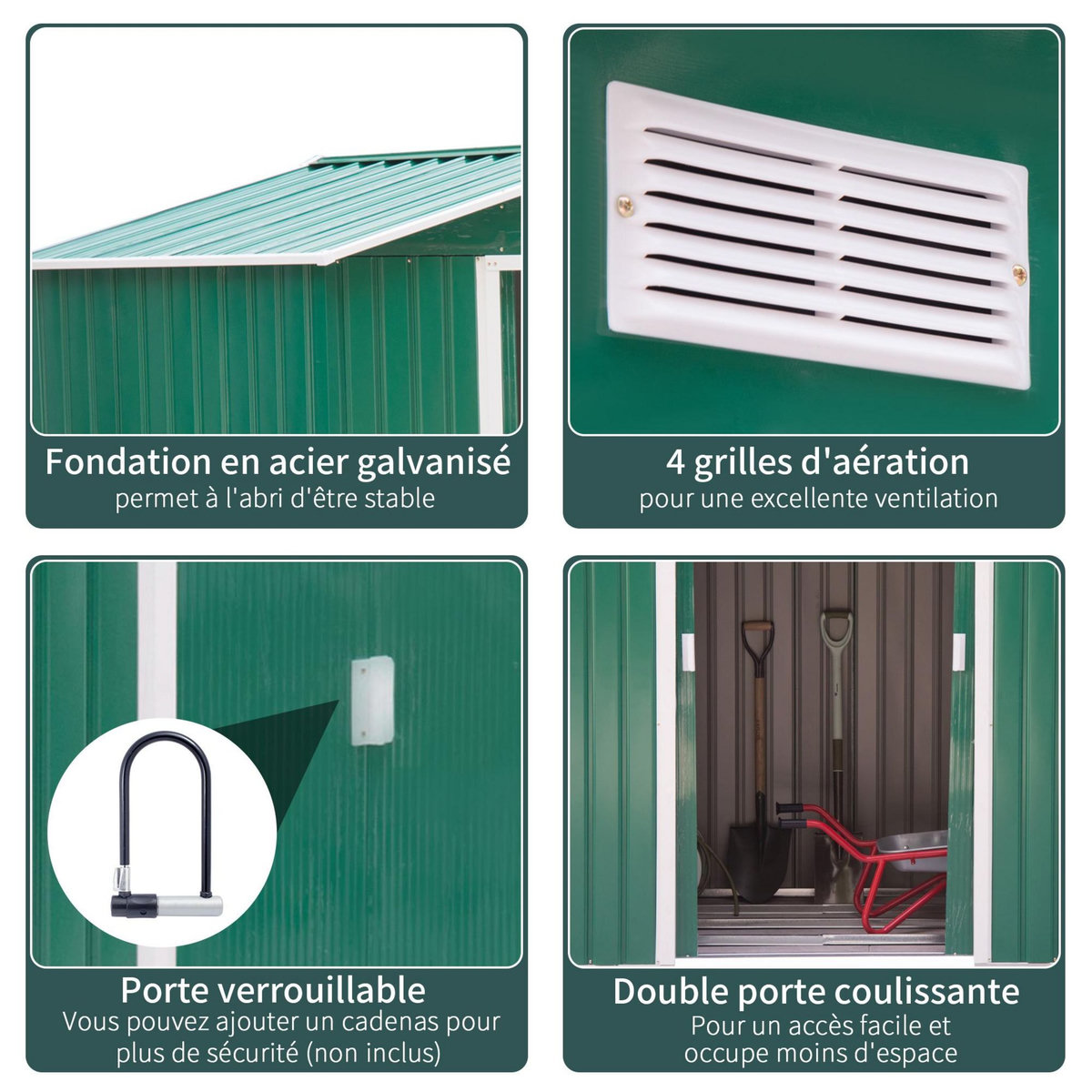 OUTSUNNY Abri de jardin - remise pour outils - cabanon porte verrouillable - dim. 213L x 130l x 185H cm - tôle d'acier vert