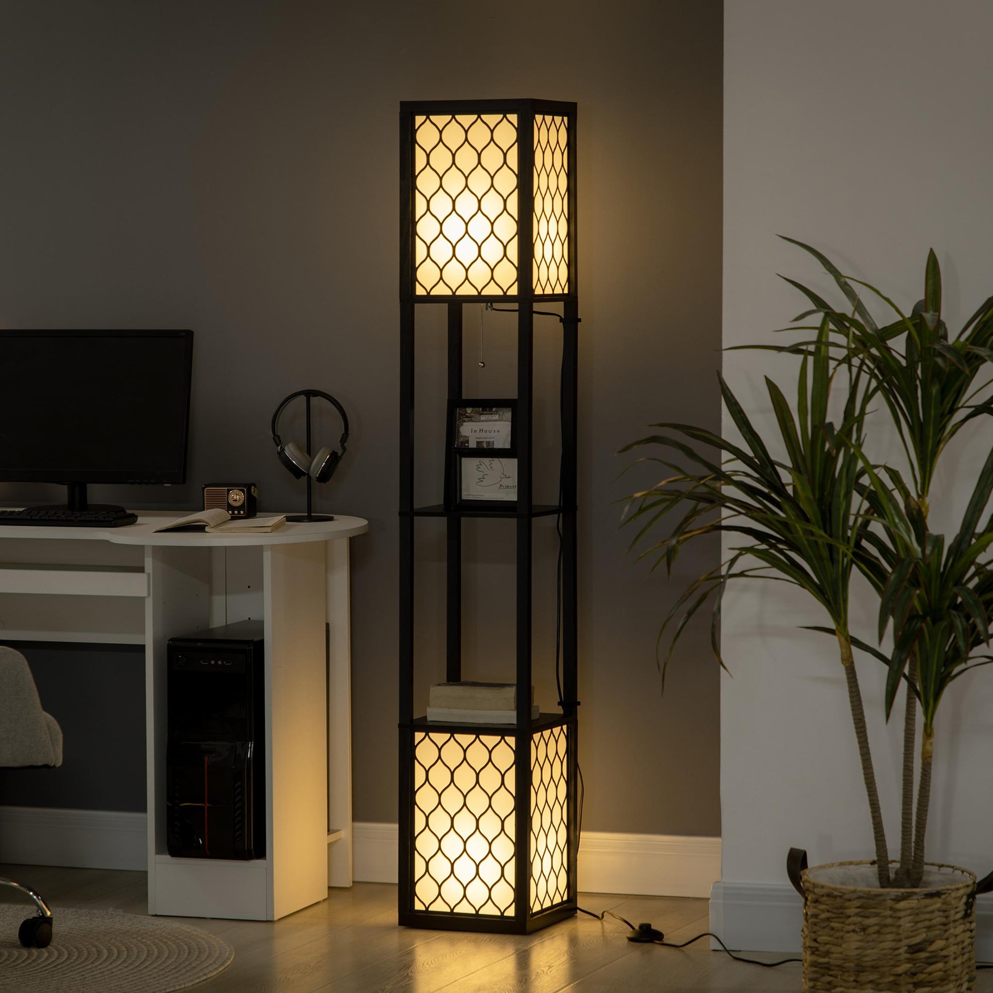 Voir la diapositive 2 : HOMCOM Lampadaire étagère lampe étagère dim. 26l x 26l x 156h cm 2 étagères mdf motif nid d'abeille noir